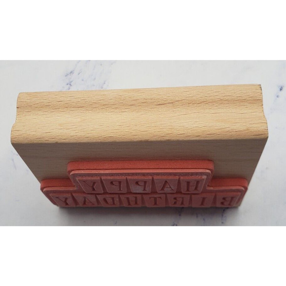 Happy Birthday Block Letters Greenbrier Wood Mounted Rubber Stamp - Picture 4 of 7